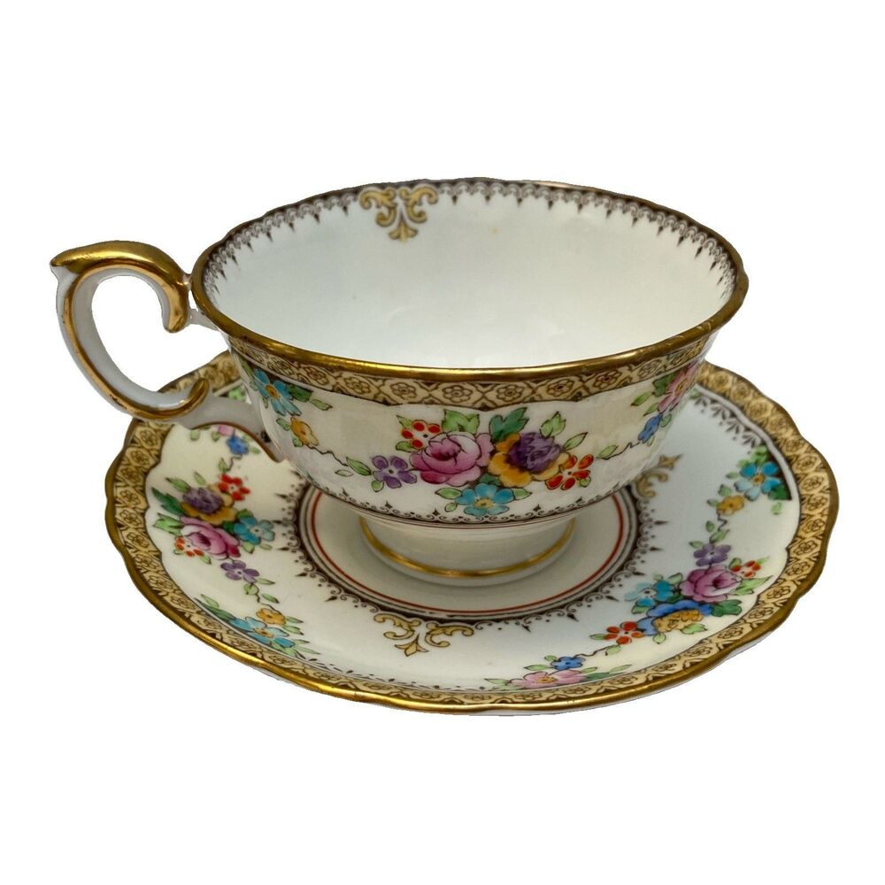Vintage Crown Staffordshire Teacup & Saucer Fine Bone China Floral Gold A15305